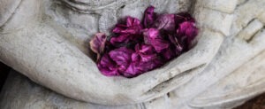 fleurs dans les mains d'une statue de bouddha